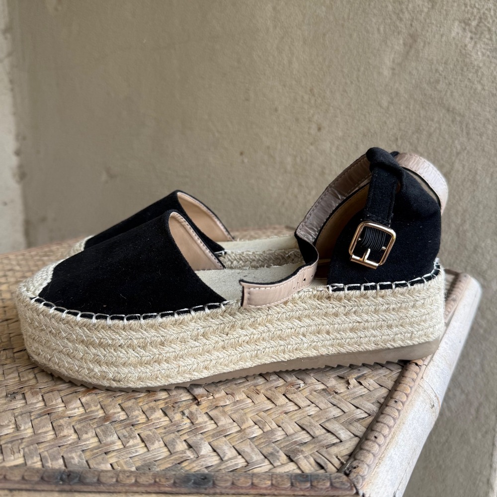 Yoki Sue Espadrille Platform Sandals Women 7.5 Black Faux Suede Ankle Strap Boho